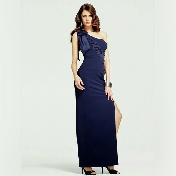 Faviana Blue One Shoulder bow Ruffled Gown - Picture 1 of 4